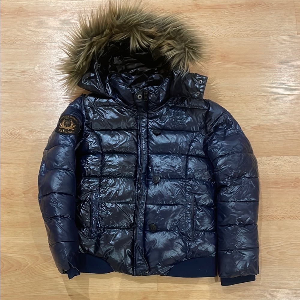 Kids Navy Blue Puffer Jacket with Faux Fur Hood